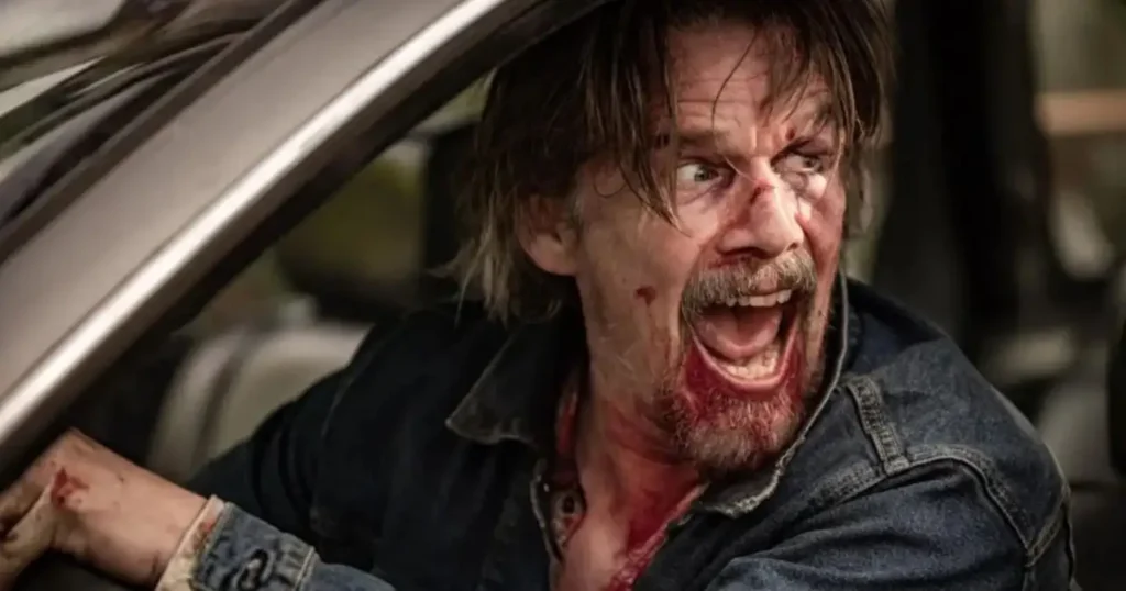 Ethan Hawke as Lee Raybon in a bloody car scene from the FX and Hulu crime-dramedy series The Lowdown